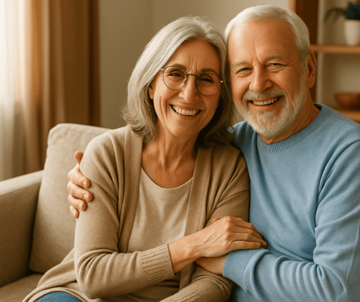 Couple de retraités souriant dans leur salon, illustrant l’hypothèque inversée CHIP.