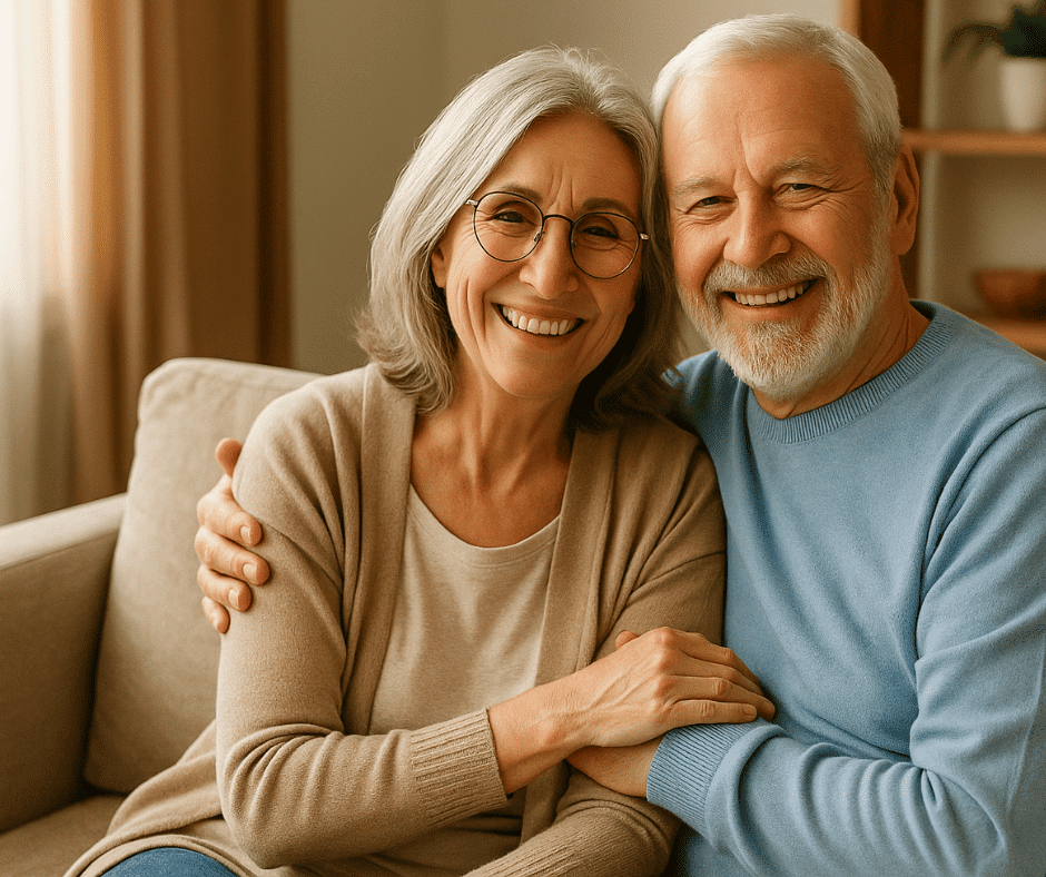 Couple de retraités souriant dans leur salon, illustrant l’hypothèque inversée CHIP.